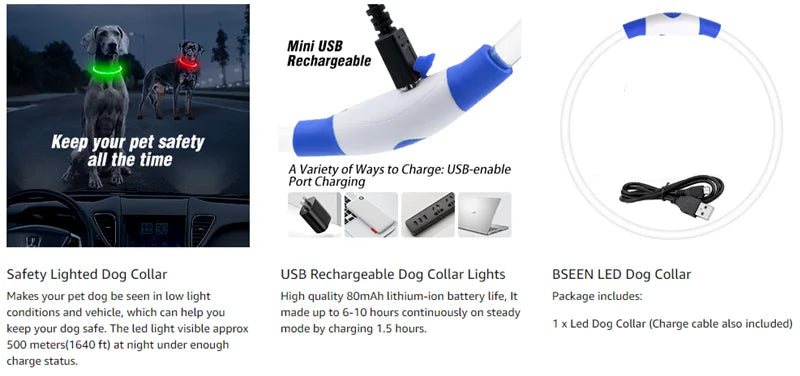 Collar LED Recargable para Perros – Luz de Seguridad para Paseos Nocturnos
